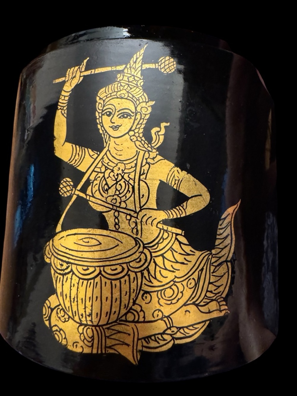 Vtg Thailand Round Hand painted Lacquer Wood Lidded Canister Trinket Box 5” T